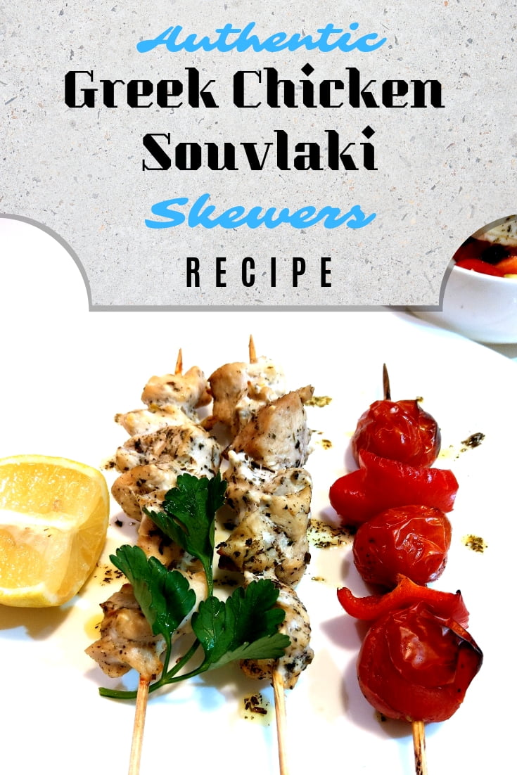 Make authentic Greek chicken Souvlaki skewers in the oven. Quick and easy recipe! #chicken #recipe #food #dinner