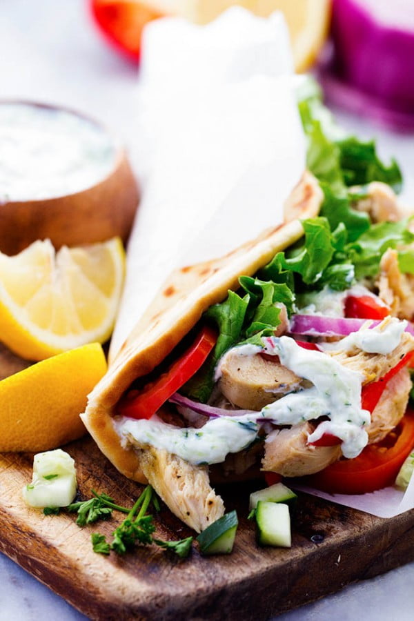 Slow Cooker Greek Chicken Gyros #recipe #dinner