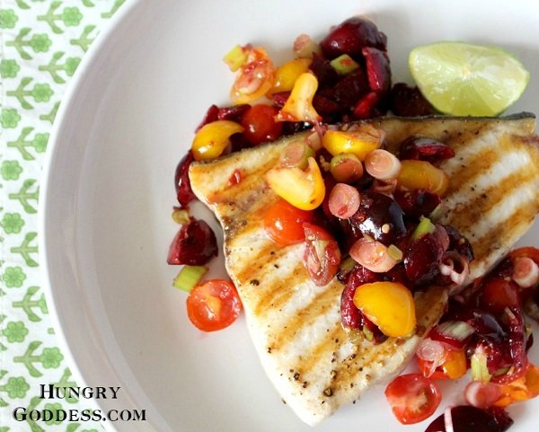 Grilled Swordfish with Spicy Cherry Salsa #recipe #fish #dinner