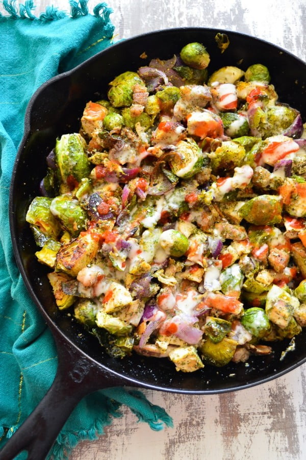 Buffalo Chicken, Bacon & Ranch Skillet with Roasted Brussels Sprouts #recipe #chicken #dinner