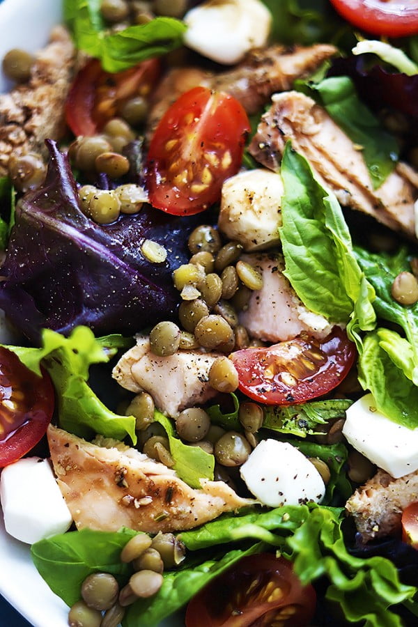 Salmon and Lentil Caprese Salad #fish #dinner #salad #recipe