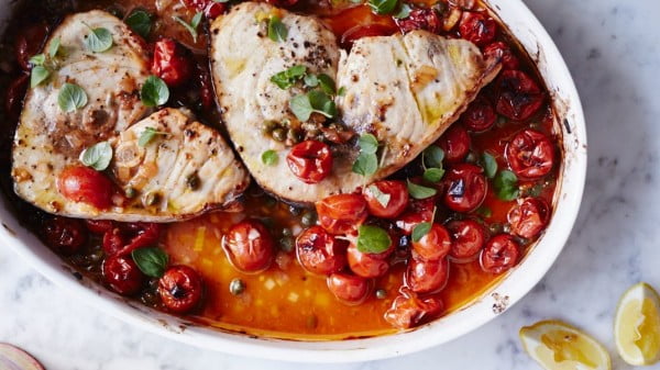 Swordfish Steaks with Cherry Tomatoes and Capers #recipe #fish #dinner