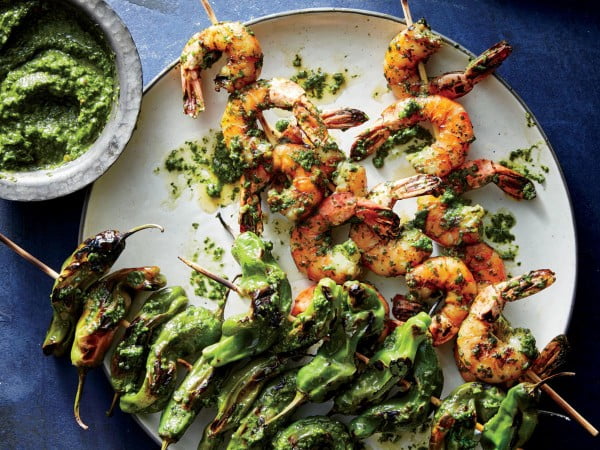 Shishito and Shrimp Skewers with Chimichurri #grill #dinner #recipe