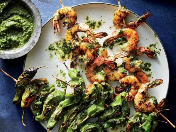 Shishito and Shrimp Skewers with Chimichurri #grill #dinner #recipe