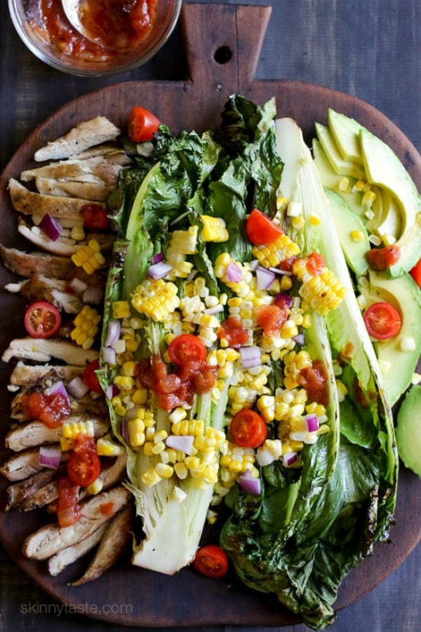 Grilled Romaine, Corn and Chicken Salad with Salsa Dressing #recipe #salad #healthy