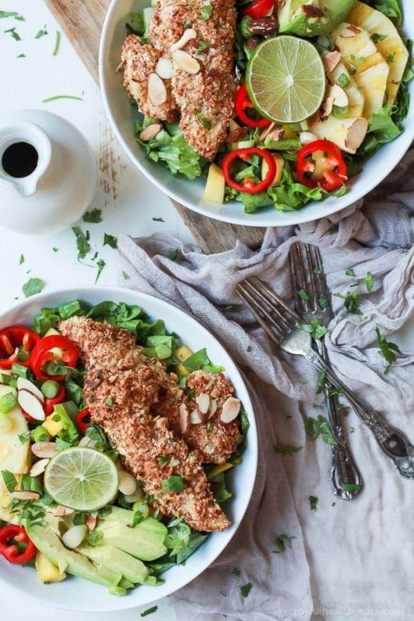 Tropical Coconut Chicken Salad Recipe + Crispy Almond Chicken Tenders #recipe #salad #healthy