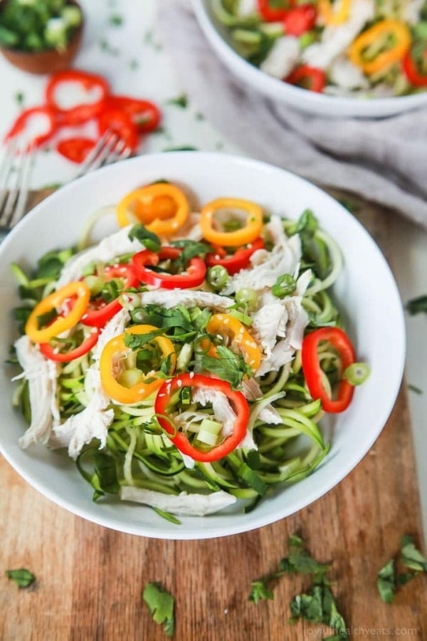 Thai Chicken Zucchini Noodle Salad with Sesame Vinaigrette #recipe #salad #healthy