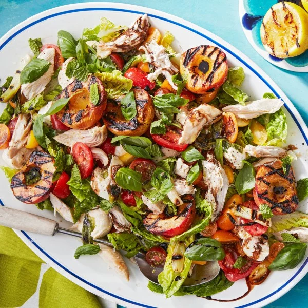 Rachael's Grilled-Peach Caprese Salad with Rotisserie Chicken meat-salad