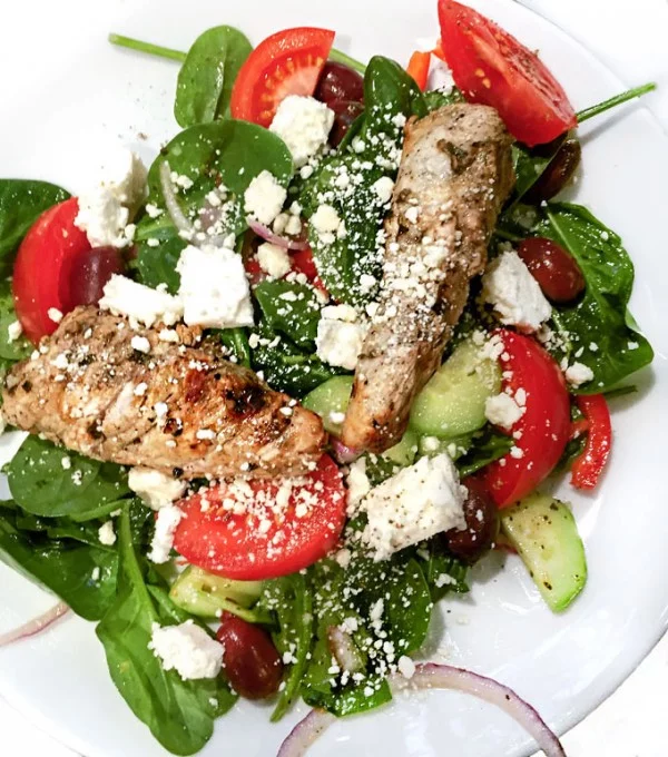 Greek Spinach Salad with Grilled Turkey Tips and Feta meat-salad