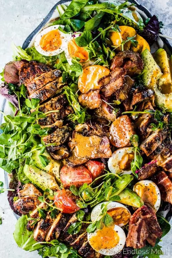 Grilled Chicken Cobb Salad with Warm Bacon Vinaigrette meat-salad
