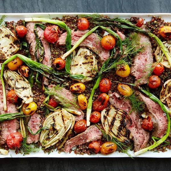 Grilled Steak, Vegetable, and Quinoa Salad with Yogurt-Tahini Dressing #meat #salad #dinner #recipe
