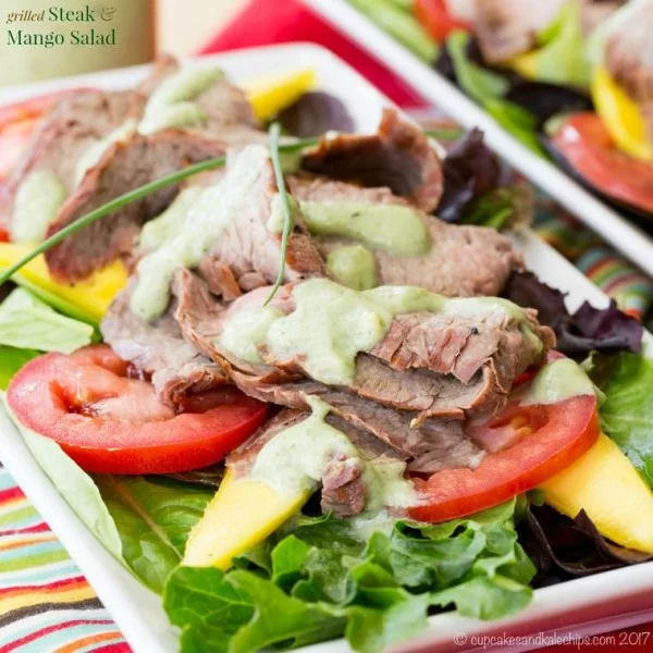 Grilled Steak Mango Salad with Avocado Buttermilk Ranch Dressing #meat #salad #dinner #recipe