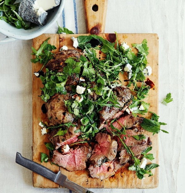 Grilled leg of lamb with goat's cheese and herb salad #meat #salad #dinner #recipe