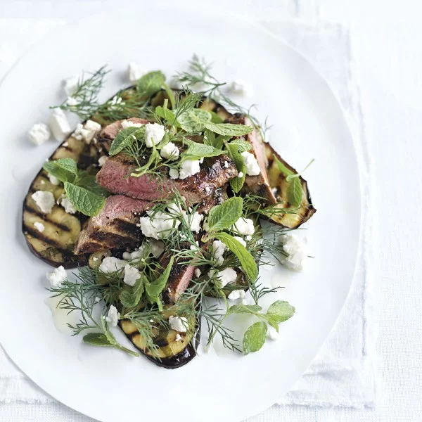 Grilled Lamb And Aubergine With Feta And Mint Salad #meat #salad #dinner #recipe