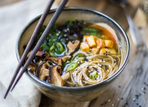 Miso and Soba Noodle Soup with Roasted Sriracha Tofu and Shiitake Mushrooms • The Bojon Gourmet #meatless #dinner #recipe