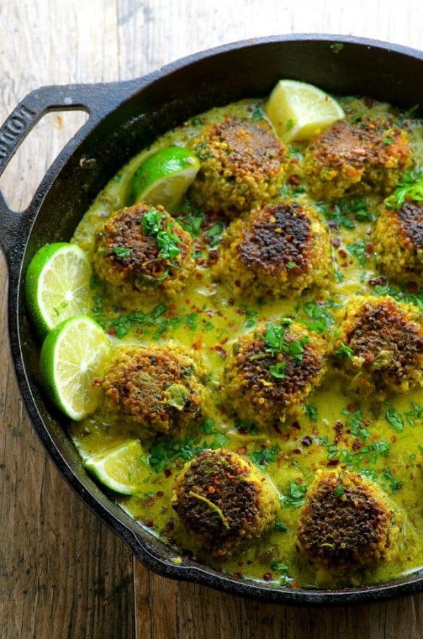 Cauliflower Quinoa Meatless Meatballs In Coconut Turmeric Sauce #meatless #dinner #recipe