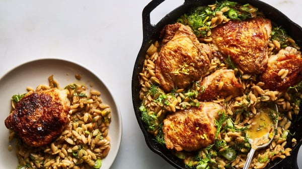 Skillet Chicken with Buttery Orzo Recipe #onepot #dinner #recipe