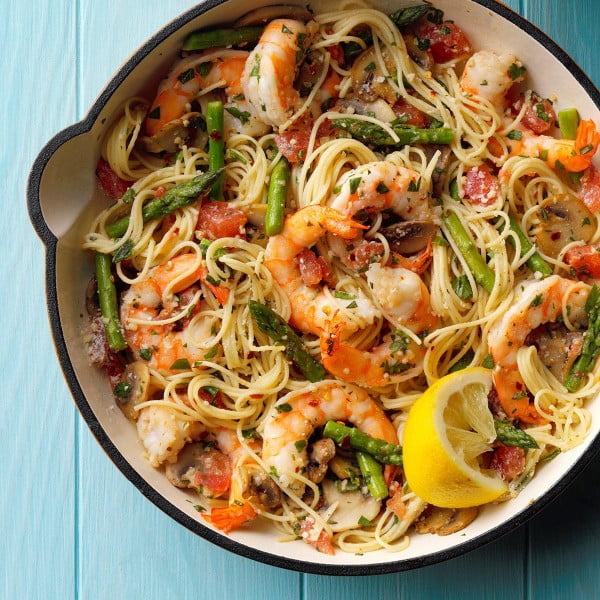 Asparagus 'n' Shrimp with Angel Hair Recipe | Taste of Home #dinner #recipe #smalldinner