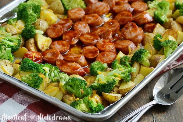 Sheet Pan BBQ Smoked Sausage Dinner - Meatloaf and Melodrama #dinner #recipe #smalldinner