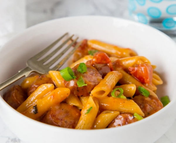 One Pan Cheesy Sausage Pasta - Dinners, Dishes, and Desserts #dinner #recipe #smalldinner