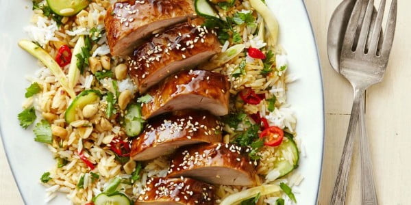 Hoisin-Glazed Pork Tenderloin with Asian Rice Salad #steak #recipe #dinner