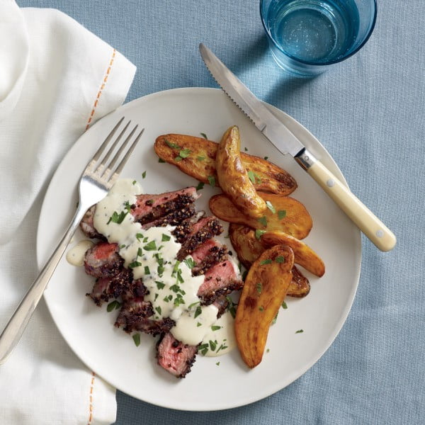 Steak au Poivre with Roasted Fingerling Potatoes #steak #recipe #dinner