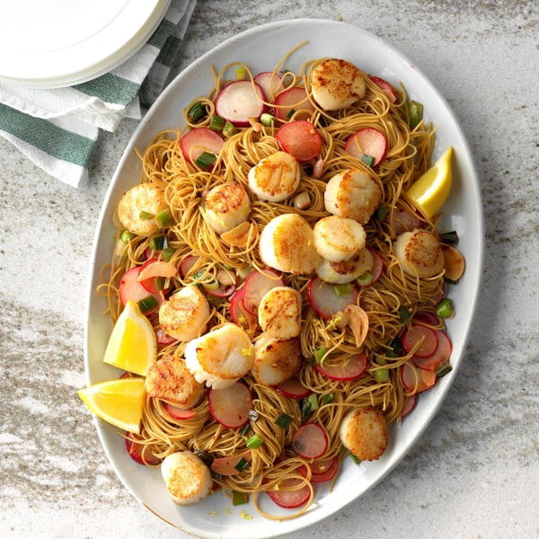 Lemony Scallops with Angel Hair Pasta Recipe | Taste of Home #seafood #dinner #recipe