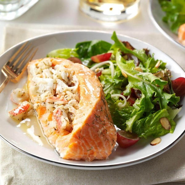 Seafood-Stuffed Salmon Fillets Recipe | Taste of Home #seafood #dinner #recipe