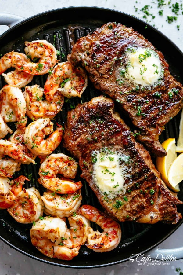 Garlic Butter Grilled Steak & Shrimp #steak #recipe #dinner