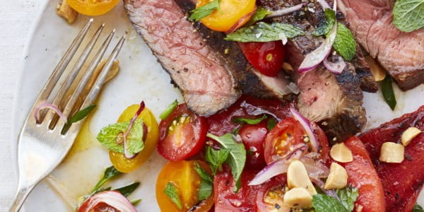 Grilled Watermelon Salad with Steak and Tomatoes #steak #recipe #dinner