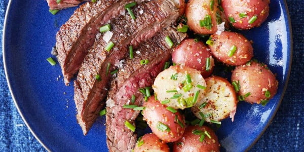 Grilled Flank Steak with Mustardy Potato Salad #steak #recipe #dinner