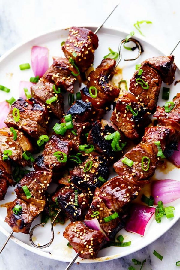 Grilled Asian Garlic Steak Skewers #steak #recipe #dinner