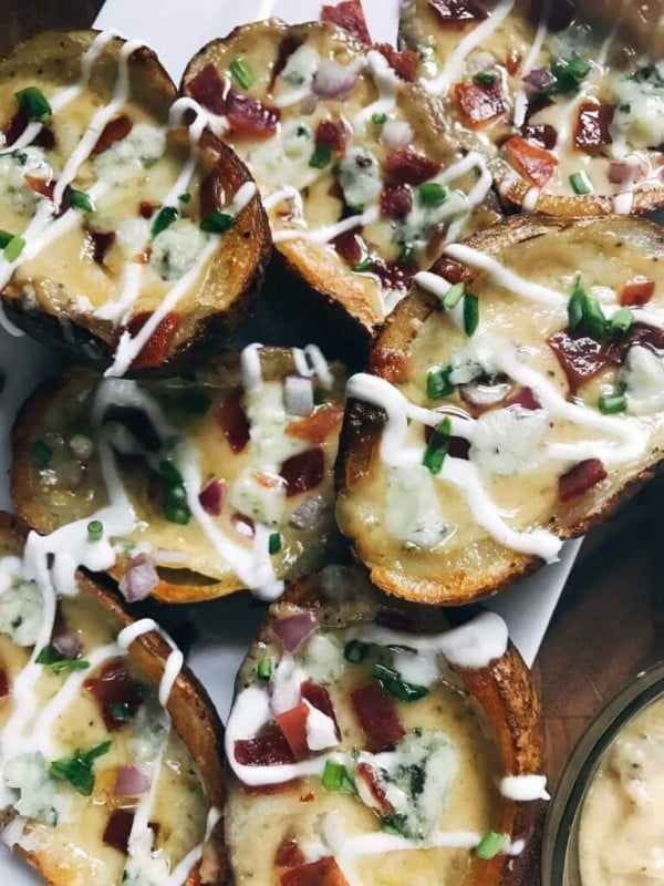 Bacon and Bourbon Blue Cheese Potato Skins #superbowlparty #snacks #recipe