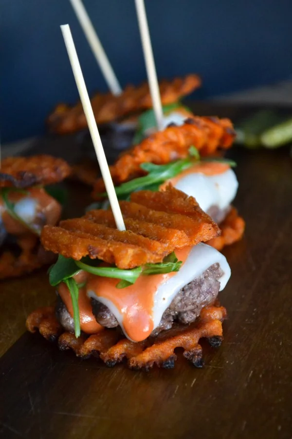 Mini Wagyu Beef and Sweet Potato Waffle Fry Sliders #superbowlparty #snacks #recipe