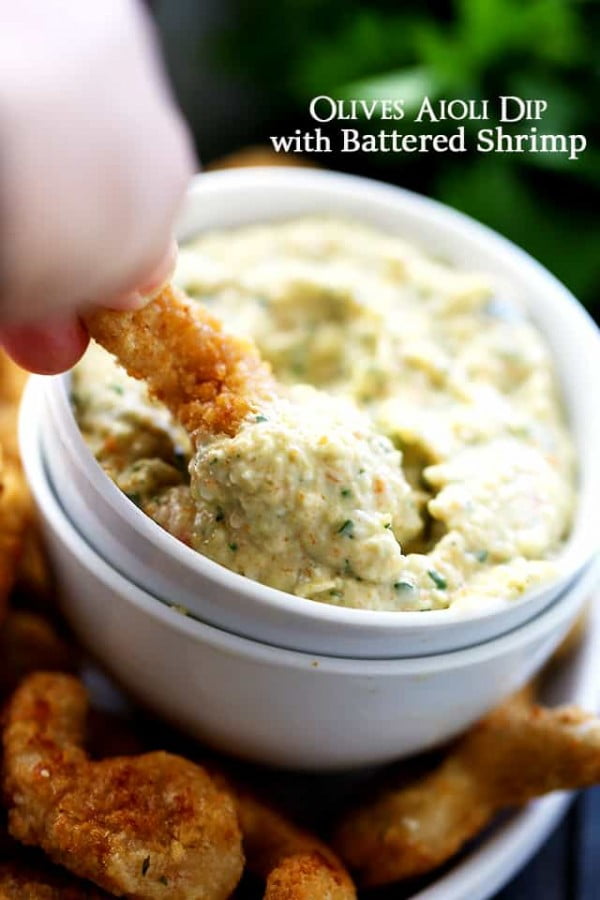 Olives Aioli Dip with Battered Shrimp Recipe #superbowlparty #snacks #recipe