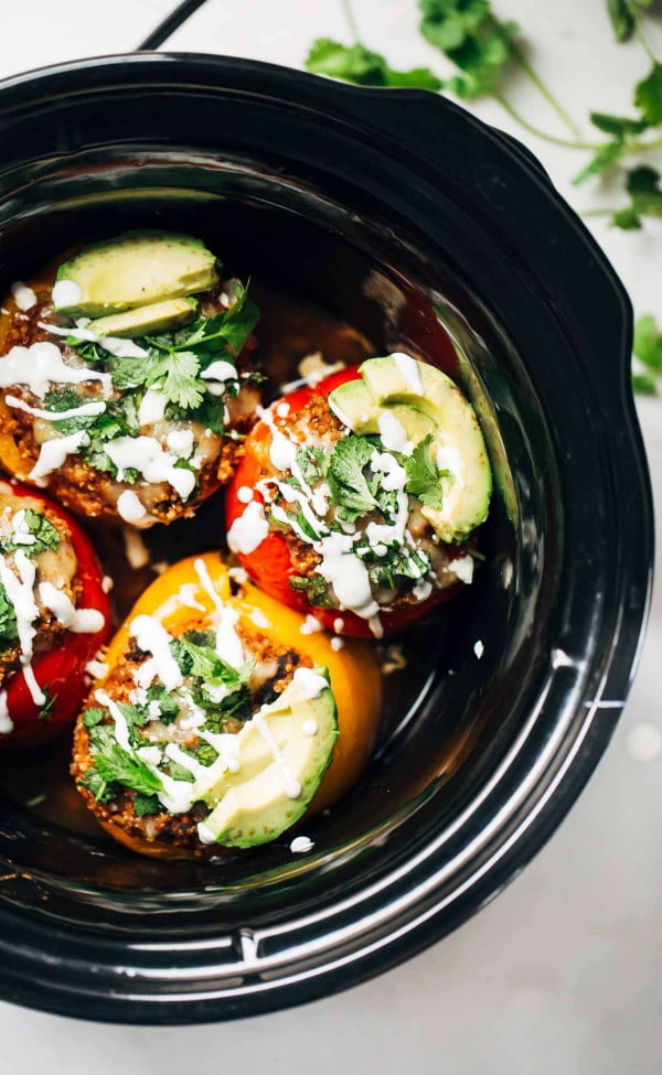 Quinoa Black Bean Crockpot Stuffed Peppers #vegetarian #crockpot #dinner #recipe