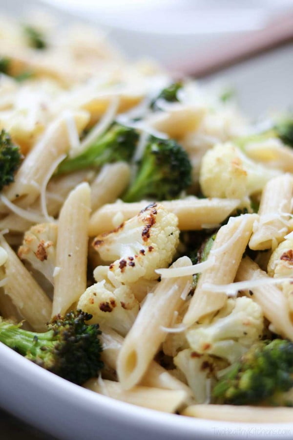 Roasted Broccoli and Cauliflower Pasta with Parmesan, Lemon and Garlic - Two Healthy Kitchens #vegetarian #dinner #healthyfood