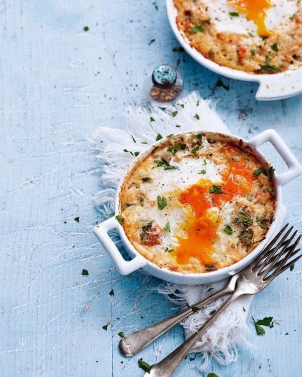 Baked eggs with hot-smoked salmon and herbs #recipe #eggs #breakfast