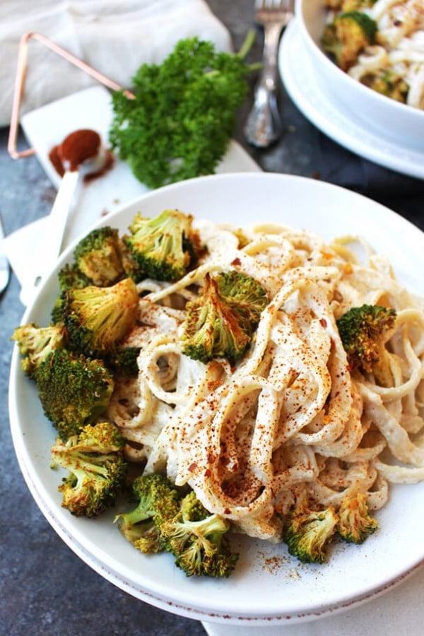 Oil-Free Vegan Alfredo with Cajun Broccoli #recipe #broccoli #dinner #food