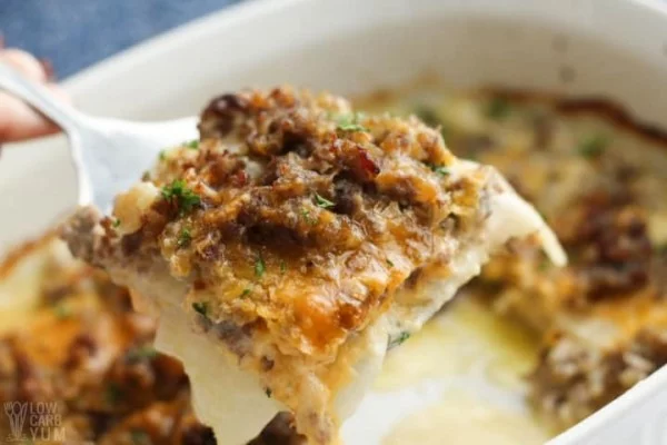 Low Carb Sausage Casserole with Mock Potatoes #recipe #casserole #dinner