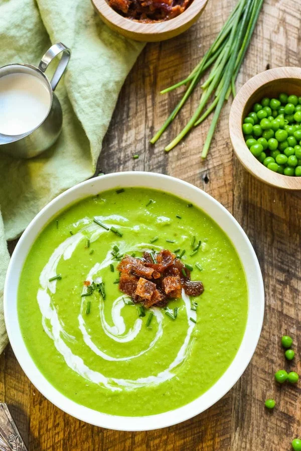 Green Pea Soup with Candied Bacon #soup #dinner #creamsoup #food #recipe