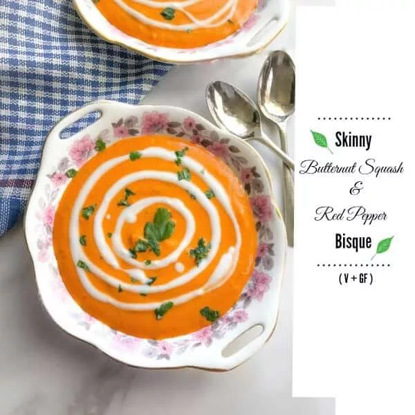 Skinny Butternut Squash and Red Pepper Bisque (Vegan & Glutenfree) #soup #dinner #creamsoup #food #recipe