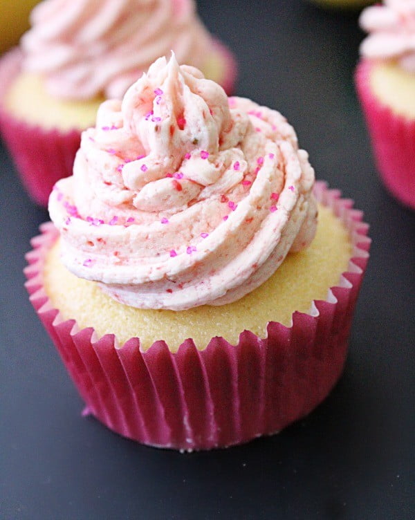 Lemon Cupcakes with Fresh Strawberry Buttercream Frosting #cupcakes #dessert #snack #food #recipe