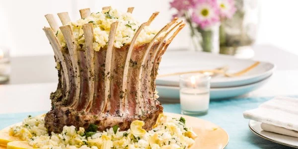Spinach-and-Artichoke Crown Roast of Lamb #easter #dinner #recipe #food