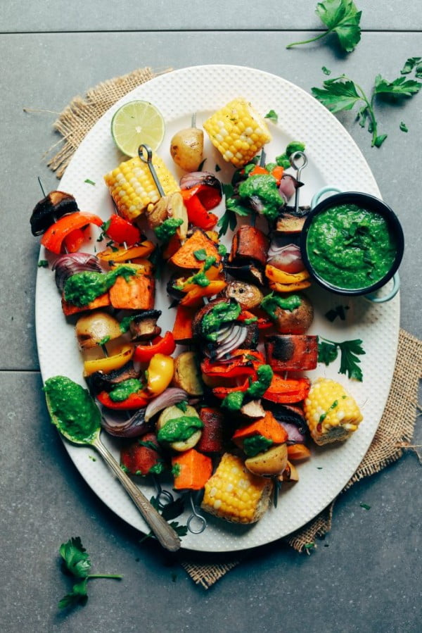 Grilled Veggie Skewers with Chimichurri Sauce #grill #bbq #skewers #dinner #food #recipe