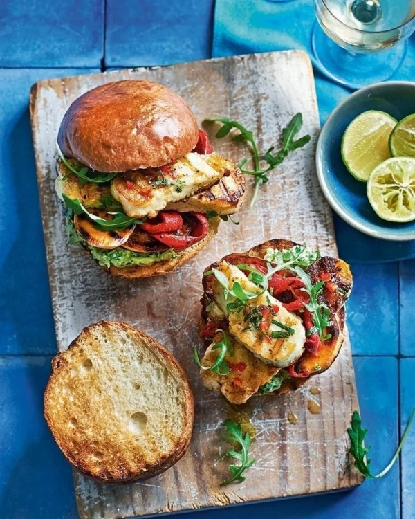 Halloumi and sweet potato burgers with chilli, mint and mashed avocado #burgers #healthy #recipe #lunch #dinner