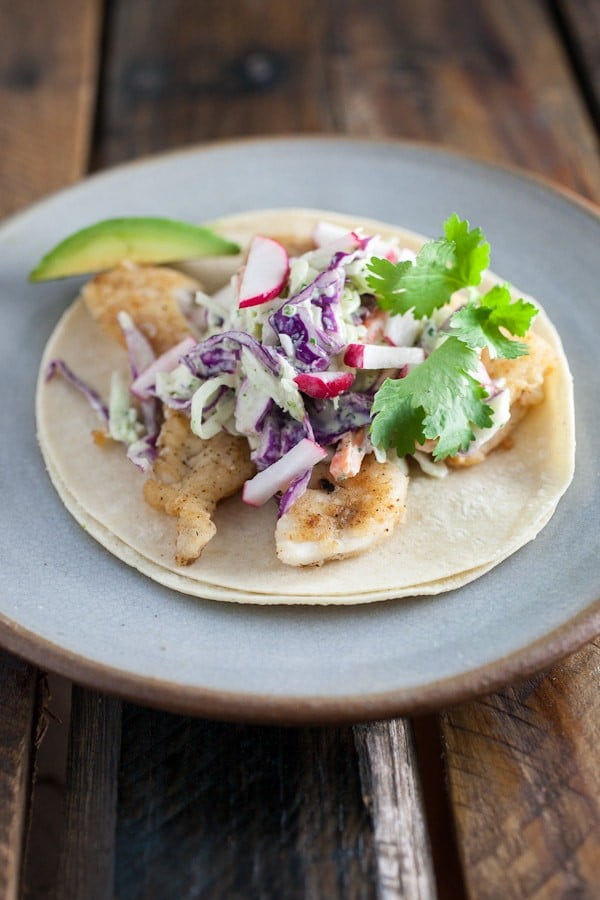 Fish Tacos with Spicy Cilantro Lime Slaw #healthy #mexican #recipe #food #dinner