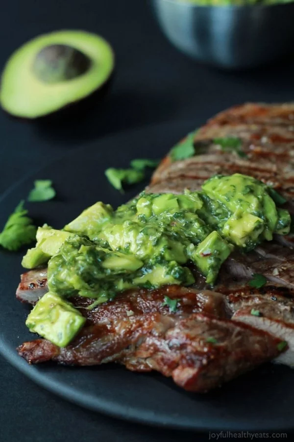 Grilled Flank Steak with Avocado Chimichurri #keto #healthy #dinner #recipe