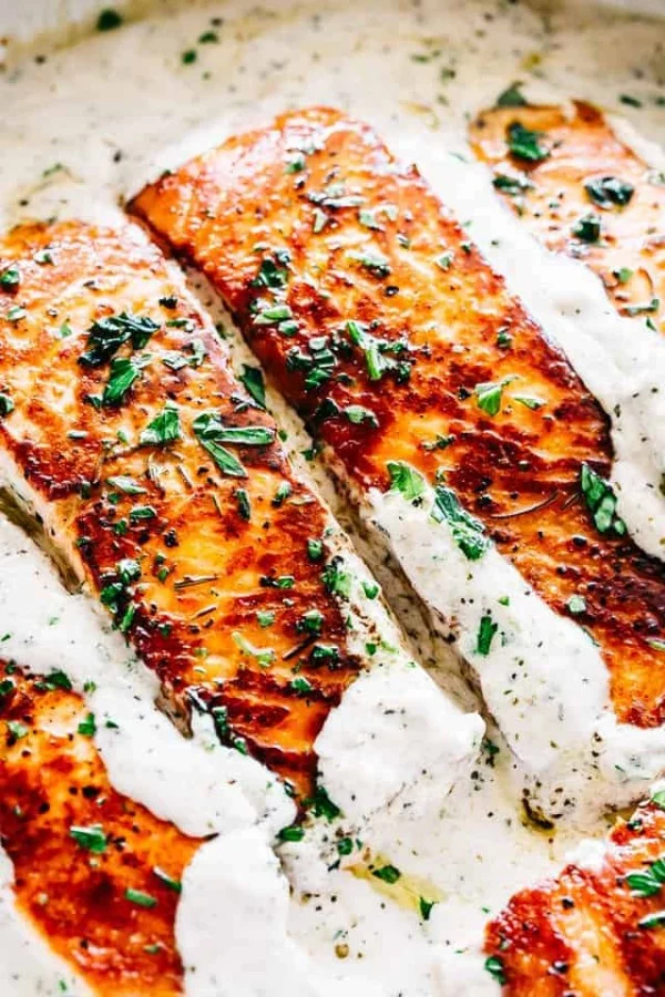 Pan Seared Salmon Recipe With Lemon Garlic Cream Sauce #keto #healthy #dinner #recipe