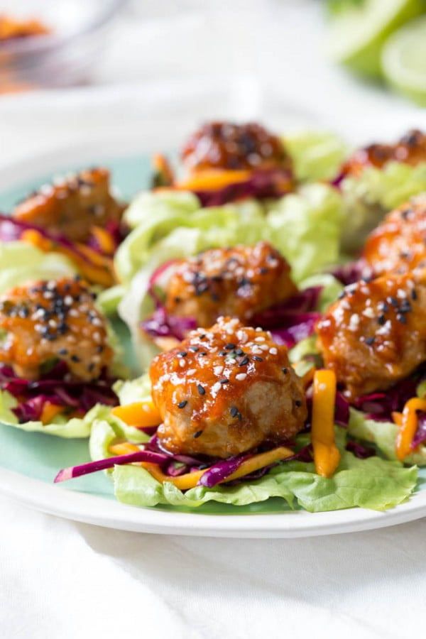 Asian Chicken Meatball Lettuce Wraps with Mango Slaw #meatballs #dinner #recipe